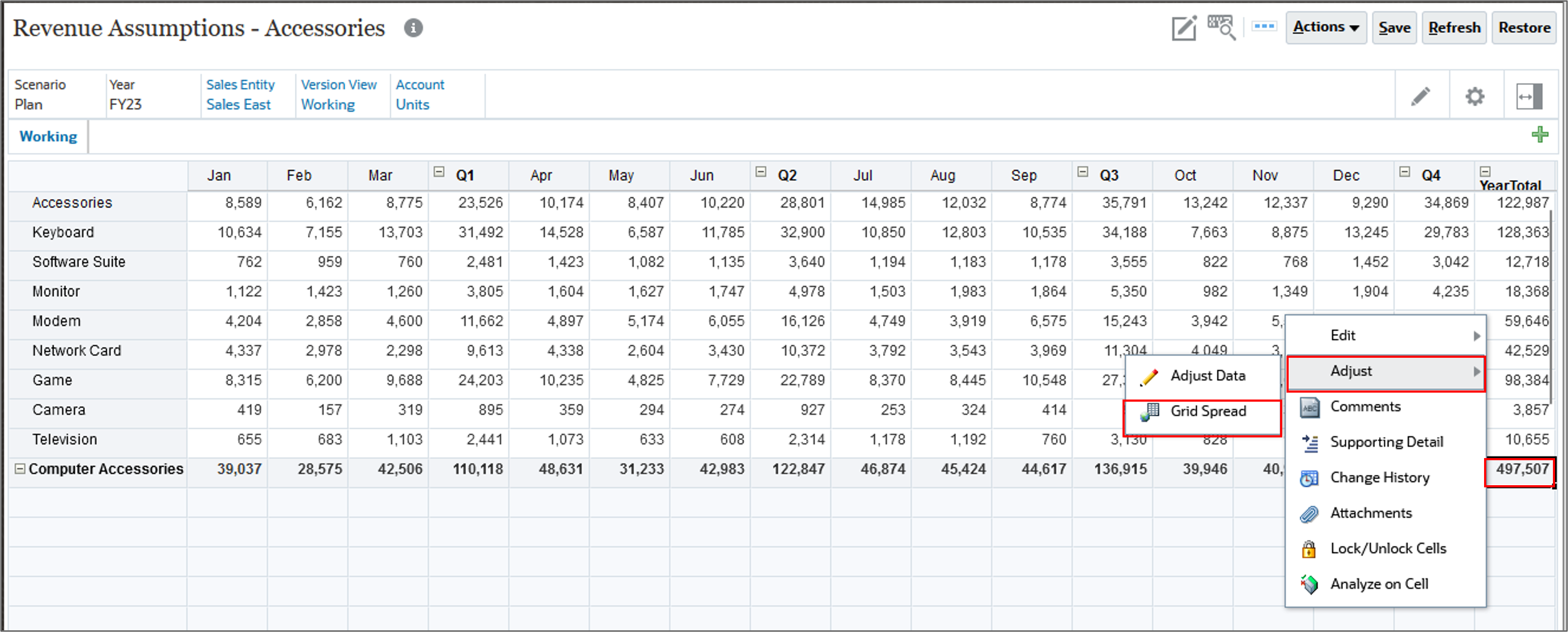 Revenue Assumptions form with Adjust Grid Spread Menu